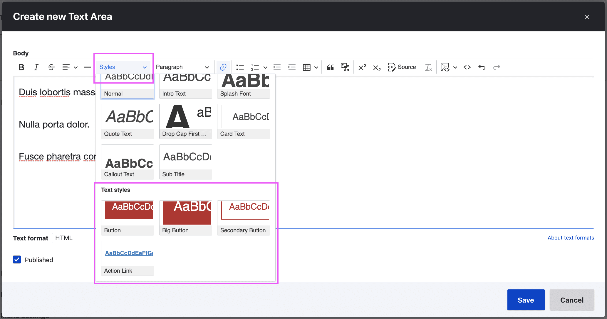 Screenshot illustrating Creating buttons and action links