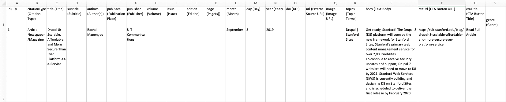 example of a publication item in csv file